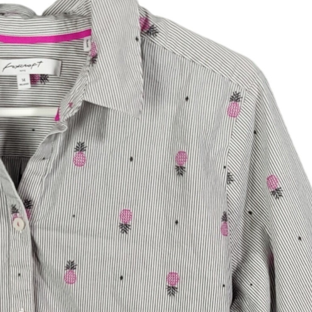 Foxcroft Womens Preppy Coastal Pineapple Striped Button Up Shirt 14 Relaxed Top